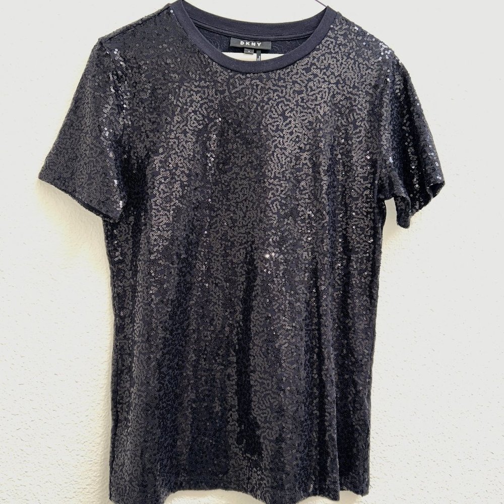 DKNY Black Sequin short sleeve top, size small